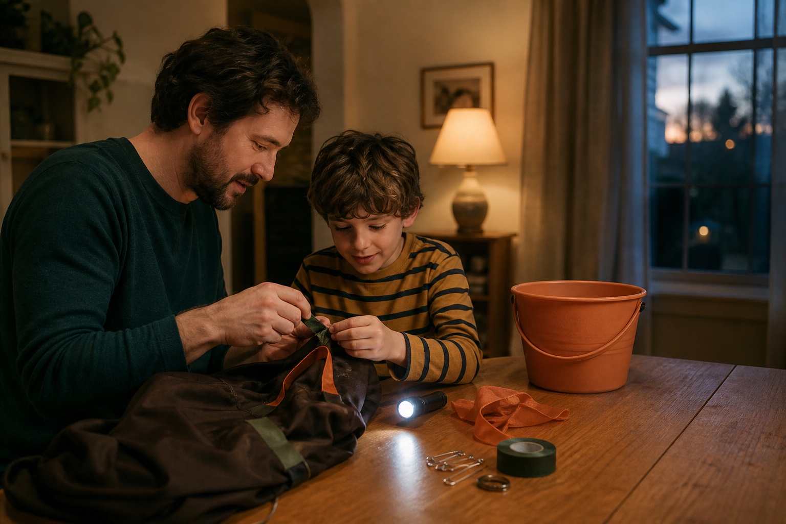 A father and son repairing a Halloween costume together at the dining table