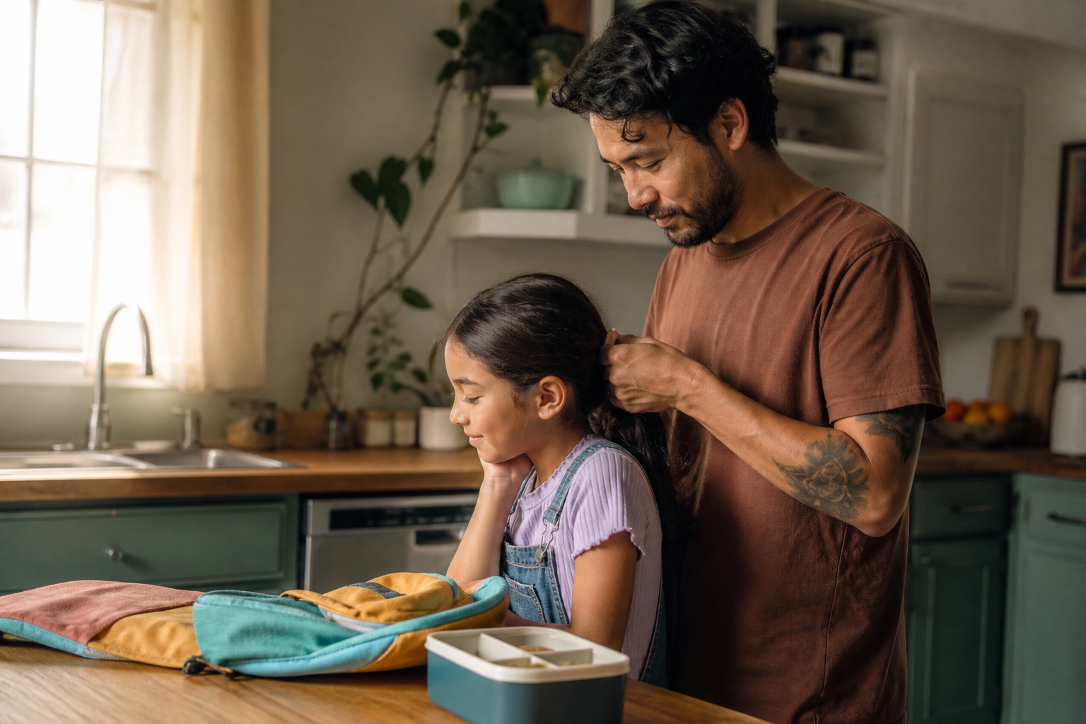 A father helping his daughter with her hair during the school-morning routine
