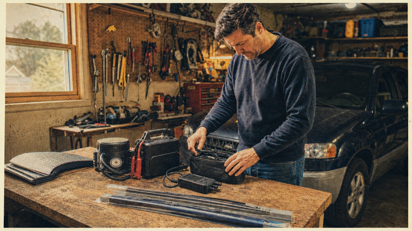 A vintage-magazine-style photo of a dad organizing practical car emergency gear on a garage workbench